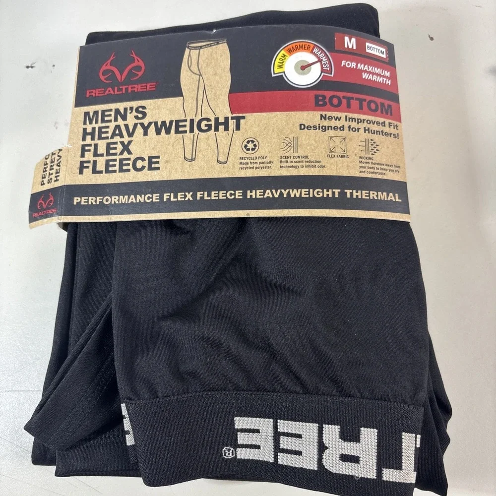 Realtree Thermal Set Mens M Black Heavyweight Flex Fleece Base Layer 2pc T/B Set